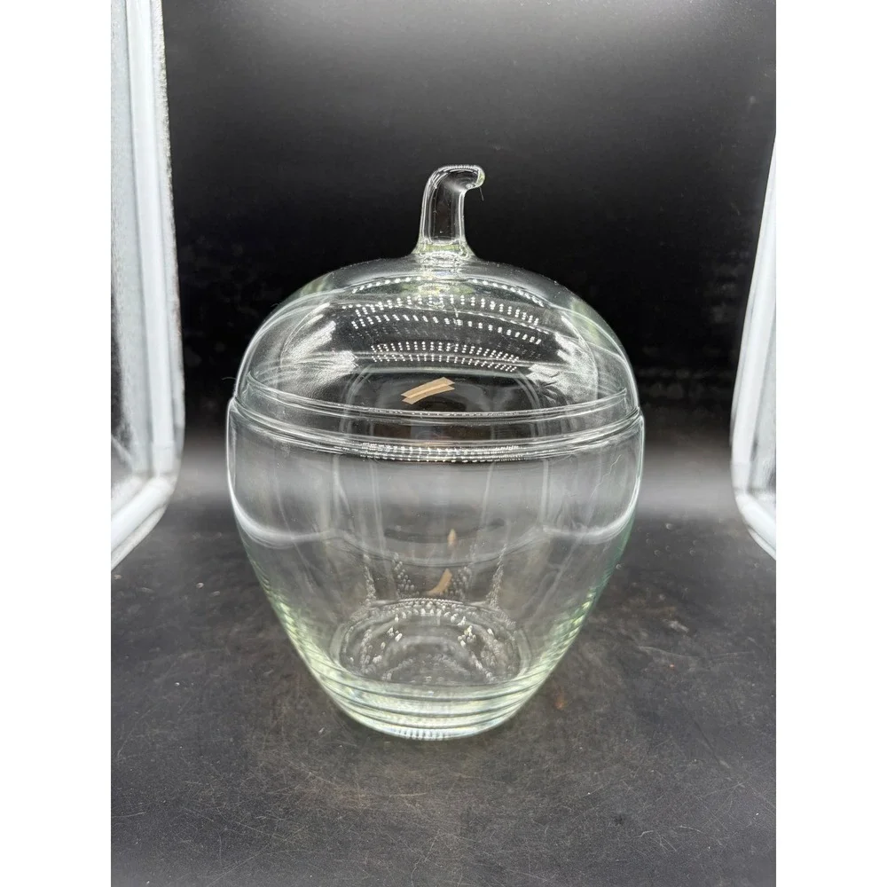 Vintage Clear Glass Apple Shaped Apothecary Jar with Stem Lid Canister 7.5in